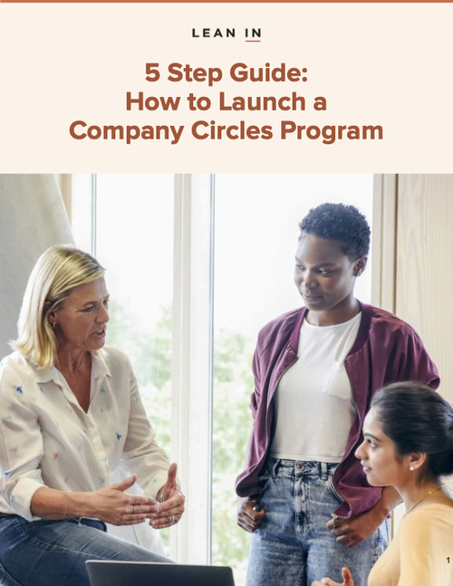 Lean In guide cover titled "5 Step Guide: How to Launch a Company Circles Program," featuring three diverse women engaged in conversation in a bright, modern setting.